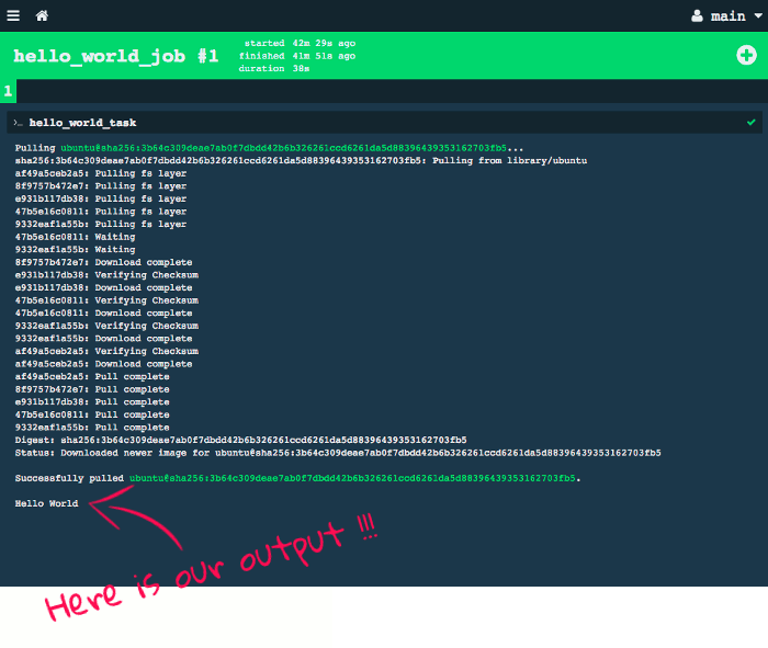 Hello World pipeline output