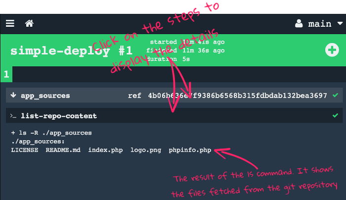 Output of the hello world pipeline with git resource
